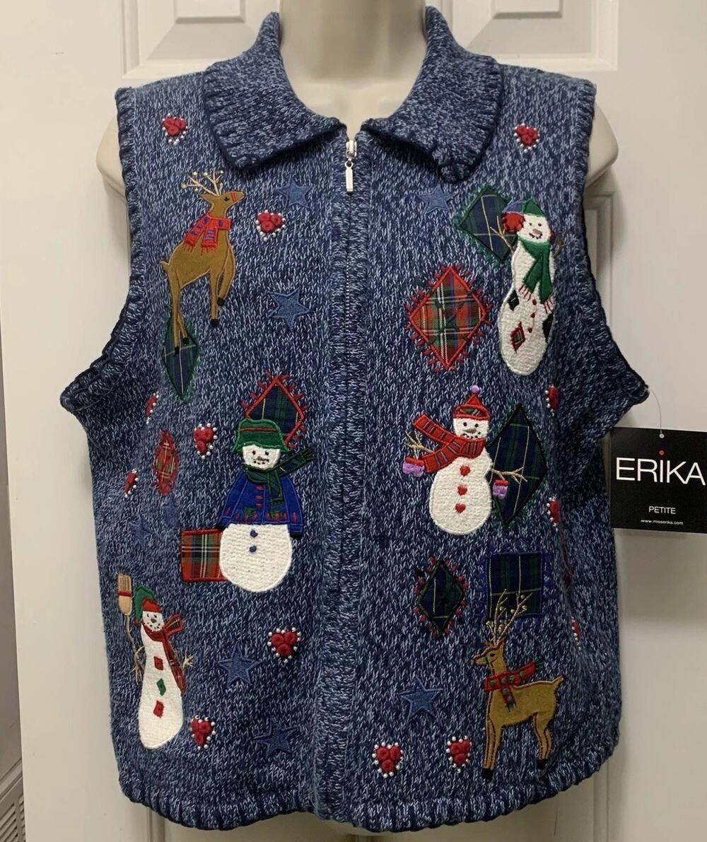 Erika Christmas Sweater Vest Petite Large Snowman Reindeer Applique NWT